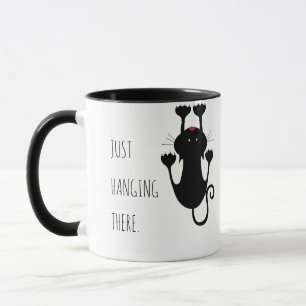 Just hanging there black cat cartoon funny text mug