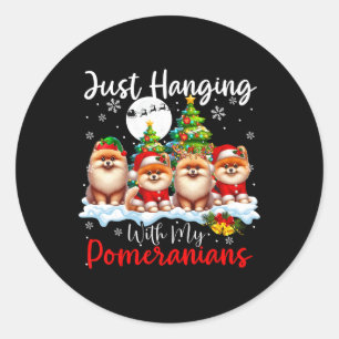 Just Hanging With My Pomeranians Xmas Three Santa Classic Round Sticker