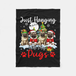 Just Hanging With My Pugs Xmas Three Santa Dogs Lo Fleece Blanket
