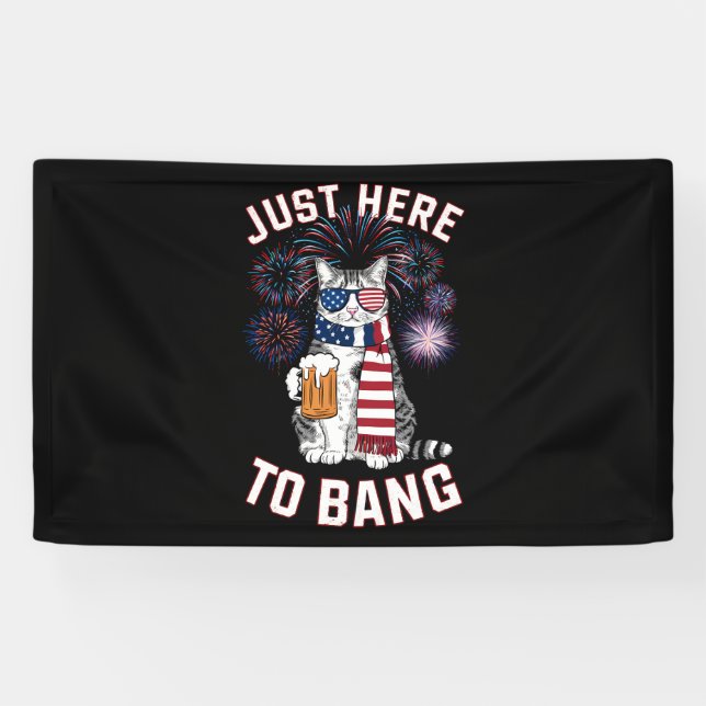 Just Here To Bang USA Flag Beer Cat Lover July 4th Banner (Horizontal)
