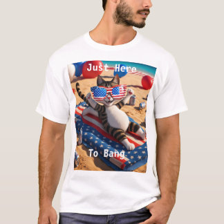 Just Here To Bang USA Flag Funny 4th Of July Cat L T-Shirt