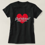 Just hitched t shirt for married newly weds couple<br><div class="desc">Just hitched t shirt for married newly weds couple. Add your own personalised wedding date. Cool wedding gift idea for newlyweds,  recently married bride and groom now husband and wife. Also great for honeymooners.</div>