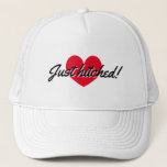 Just hitched trucker hat for newly weds couple<br><div class="desc">Just hitched trucker hat for newly weds couple. Cute red heart design with script typography. Add your own bride and groom name plus date of marriage optionally.</div>