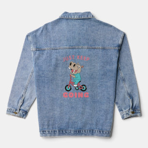 Just Keep Going Cute Hippo Riding Bicycle Denim Jacket