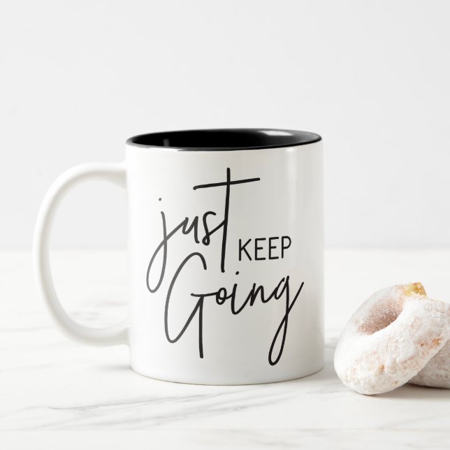 JUST KEEP GOING modern trendy hand lettered black Two-Tone Coffee Mug (With Donut)