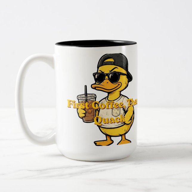 Just Keep Quacking Cute Duck with Coffee Two-Tone Coffee Mug (Left)