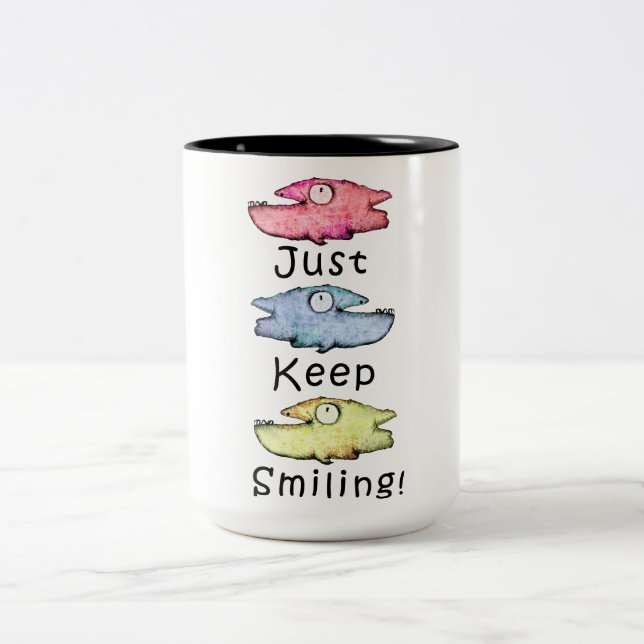 Just Keep Smiling! Colourful toothy fish Two-Tone Coffee Mug (Center)