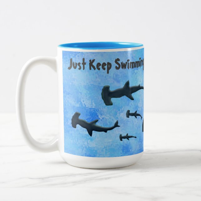 "Just Keep Swimming Sharks" Two-Tone Coffee Mug (Left)