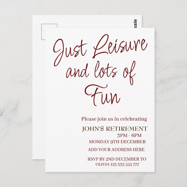 Just Leisure and lots of fun Funny Retirement  Postcard (Front/Back)