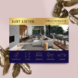 Just Listed Navy & Gold Real Estate Marketing Postcard<br><div class="desc">Modern Navy Blue and Gold Just Listed Real Estate marketing postcard with space for your logo, property photo and property details with icons. This customisable navy and faux gold Property For Sale promotional postcard features a professional design with space for your custom text and property details. An easy way to...</div>