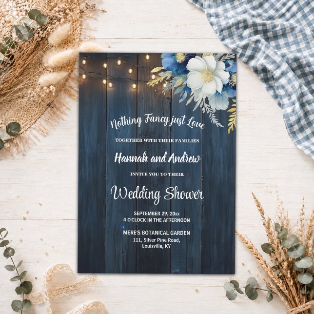 Just Love Blue Wood String Lights Wedding Shower Invitation (Creator Uploaded)
