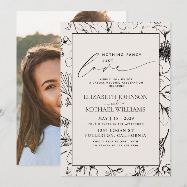 Just Love Blush Black Botanical Photo Wedding Invitation (Front/Back)