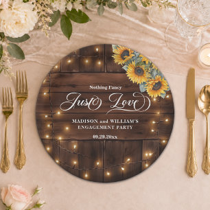 Just Love Brown Wood String Light Engagement Party Paper Plate