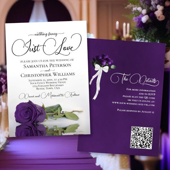Just Love Chic Royal Purple Rose QR Code Wedding Invitation (Front/Back)