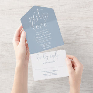 Just Love Elegant Script Dusty Blue Wedding All In One Invitation