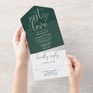 Just Love Elegant Script Emerald Green Wedding All In One Invitation
