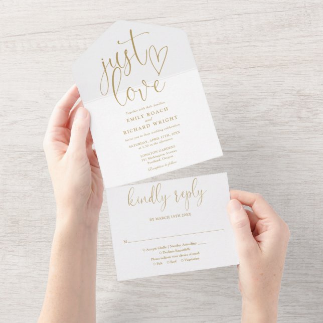 Just Love Elegant Script Modern Gold Wedding All In One Invitation (Tearaway)