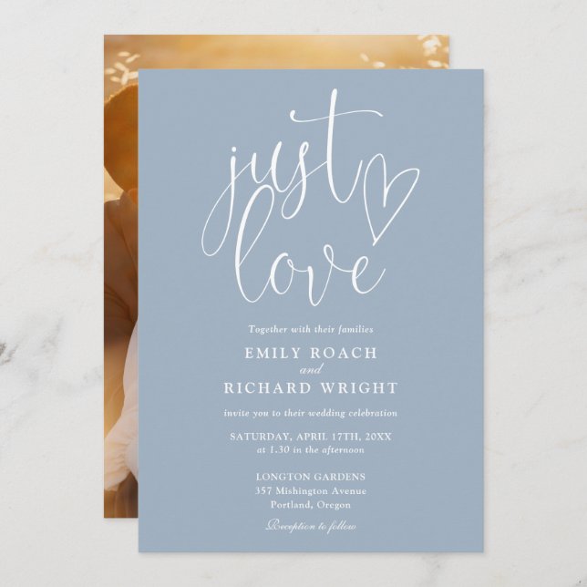 Just Love Elegant Script Photo Dusty Blue Wedding Invitation (Front/Back)
