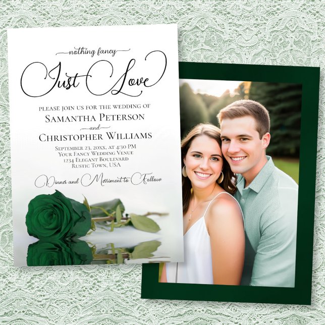 Just Love Emerald Green Rose Photo on Back Wedding Invitation (Front/Back)