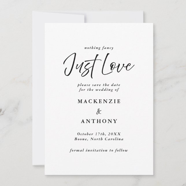 Just Love Handwritten Script Black & White Save The Date (Front)
