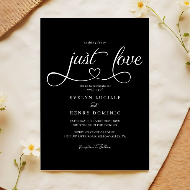 Just Love Heart Script Sleek Black Wedding Invitation (Creator Uploaded)