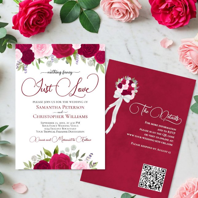 Just Love Hot Pink & Blush Roses QR Code Wedding Invitation (Front/Back)