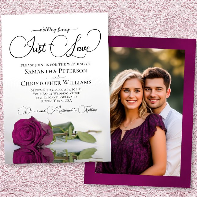 Just Love Magenta Berry Rose Photo Back Wedding Invitation (Front/Back)