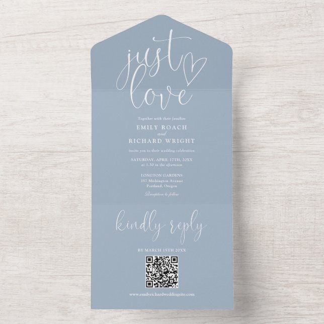Just Love Modern QR Code Dusty Blue Wedding All In One Invitation (Inside)