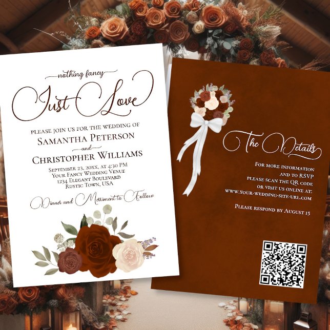Just Love Rust Orange Boho Floral QR Code Wedding Invitation (Front/Back)