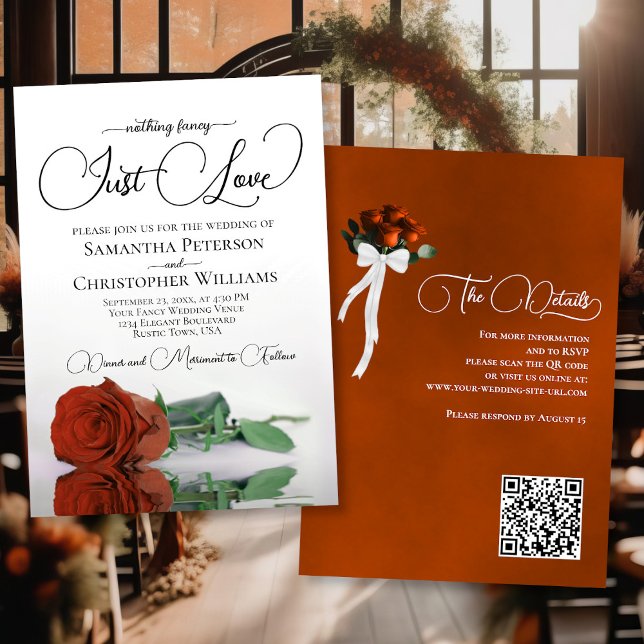 Just Love Rust Orange Rose QR Code Wedding Invitation (Front/Back)