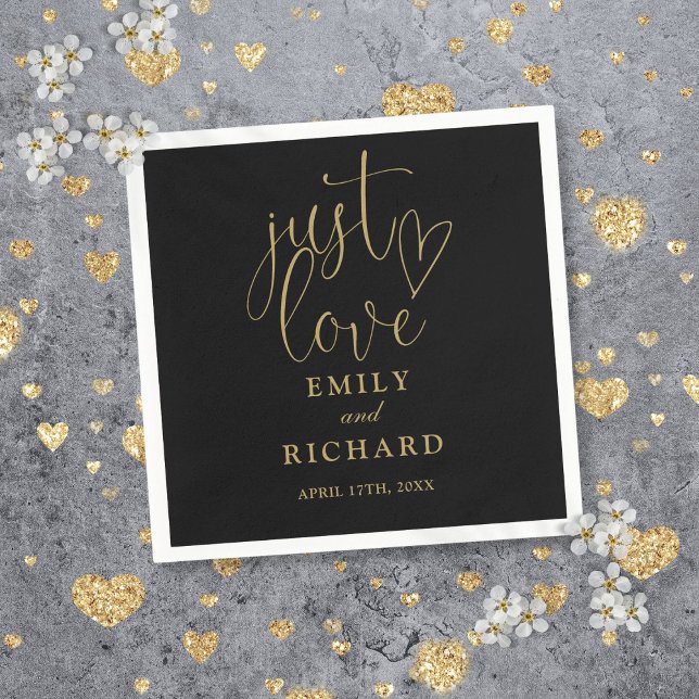 Just Love Script Elegant Black And Gold Wedding Napkin (Just Love Script Elegant Black And Gold Wedding Napkins)