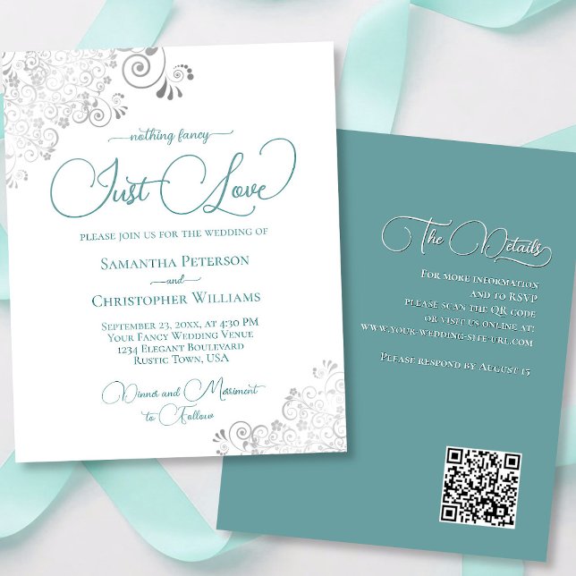 Just Love Teal QR Code BUDGET Wedding Invite (front/back)