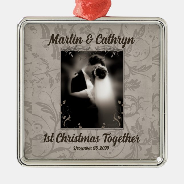 Just Married 1st Christmas Taupe Wedding Metal Tree Decoration (Front)