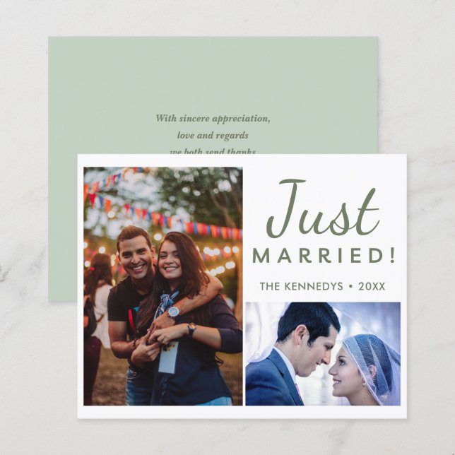Just Married  2 Photo Green Wedding Announcement (Front/Back)