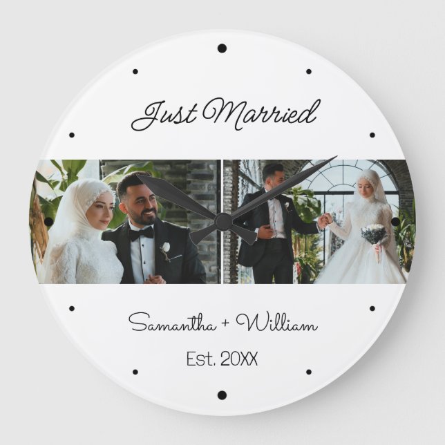 Just Married 2 Photo Wedding Large Clock (Front)