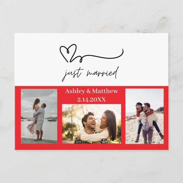 Just Married 3 Photo Wedding Announcement Postcard (Front)