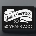Just Married 50 Years Ago V Plaque<br><div class="desc">Cute design, perfect for anyone who's been married for 50 years and to a wedding vow renewal ceremony. It makes a great matching outfit for couples! 'Just Married 50 Years Ago' quote for a couple who got married 50 years ago or a couple renewing wedding vows on their golden anniversary....</div>