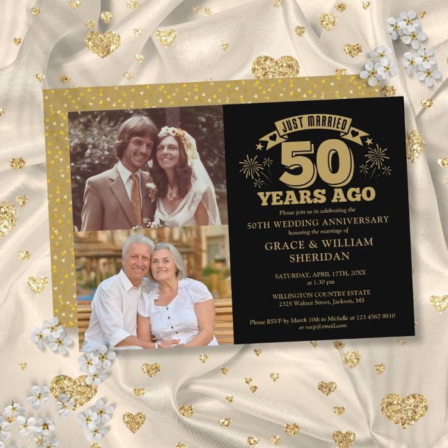 Just Married 50th Anniversary 2 Photo Gold Black Invitation (Just Married 50th Anniversary 2 Photo Gold Black Invitation)