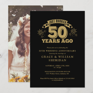 Just Married 50th Anniversary Photo Black And Gold Invitation