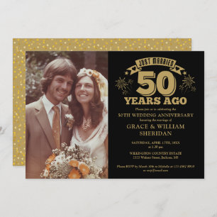Just Married 50th Anniversary Photo Gold And Black Invitation
