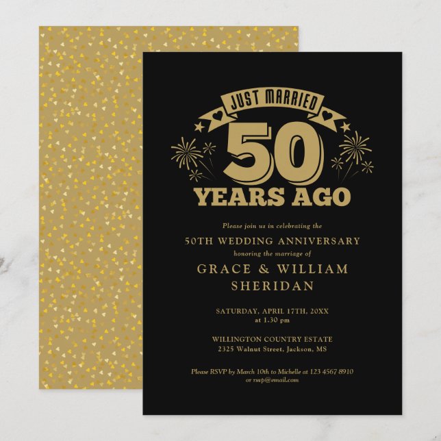 Just Married 50th Wedding Anniversary Gold Black Invitation (Front/Back)