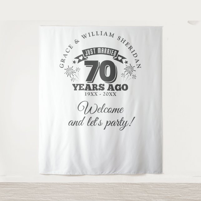Just Married 70th Anniversary Photo Backdrop Tapestry (Front)