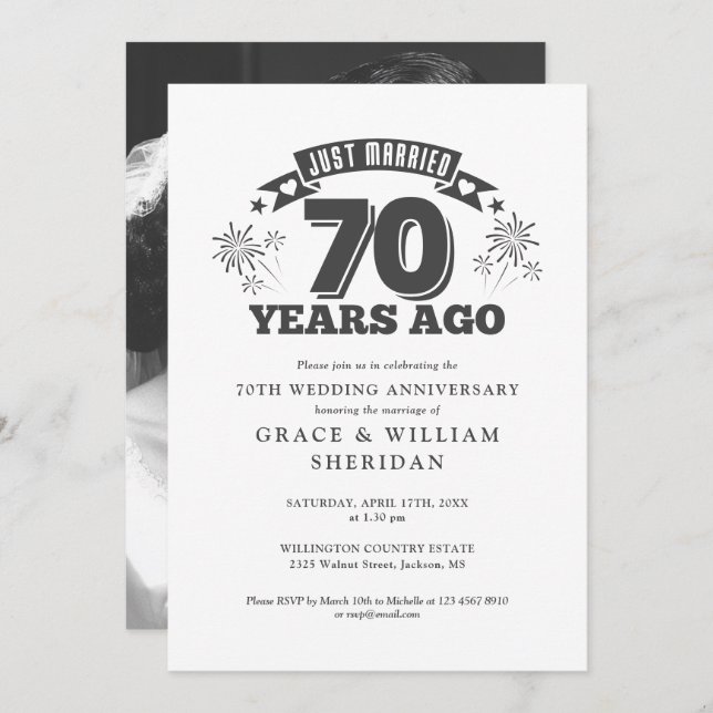Just Married 70th Wedding Anniversary Photo Invitation (Front/Back)