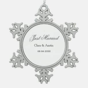 Just Married add couple name date year wedding sim Snowflake Pewter Christmas Ornament