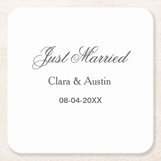 Just Married add couple name date year wedding sim Square Paper Coaster (Front)