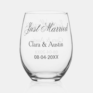 Just Married add couple name date year wedding sim Stemless Wine Glass