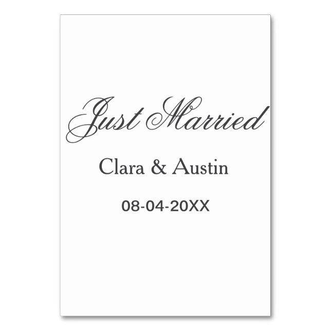 Just Married add couple name date year wedding sim Table Number (Front)
