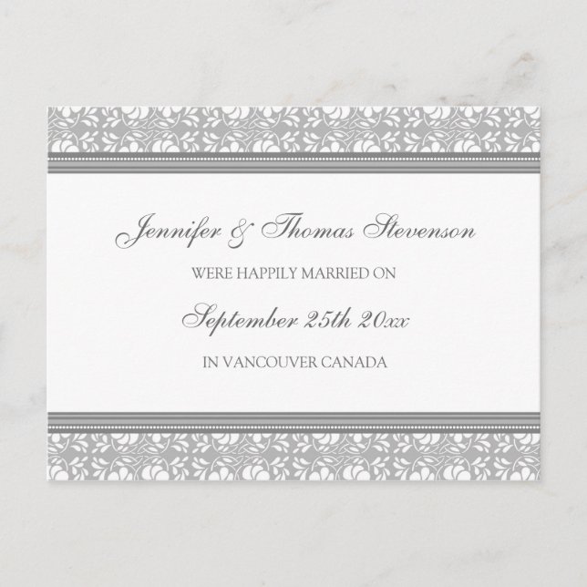 Just Married Announcement Postcards Grey Damask (Front)
