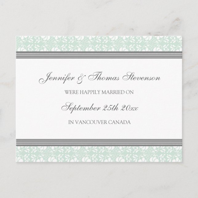Just Married Announcement Postcards Grey Damask (Front)