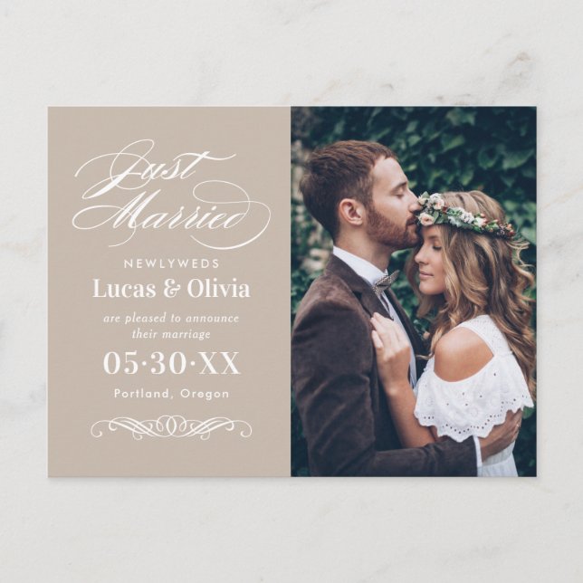 Just Married Beige Elegant Wedding Photo Announcement Postcard (Front)